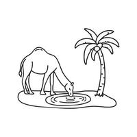 A camel drinking water in oasis with palm tree in desert vector