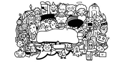 Cartoon Doodle Art Black and White Crowd with Various Characters vector