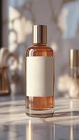 Elegant amber oil bottle with a gold cap and blank label, bathed in soft light on a marble surface, exudes sophistication and minimalist design. photo