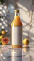 Elegant glass bottle filled with golden juice, a healthy and refreshing drink. Natural light enhances its appealing look. photo