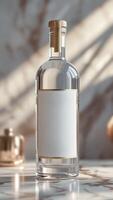 An elegant clear glass bottle with gold accents, offering a blank canvas for branding against a refined marble backdrop, promising luxury. photo