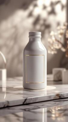 Elegant white bottle with a gold-lined label sits gracefully on a marble surface, bathed in soft, natural light, exuding minimalist sophistication.