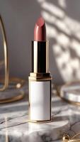 Elegant lipstick with a golden tube and sophisticated design on a marble surface, complemented by soft lighting and artistic shadows. photo