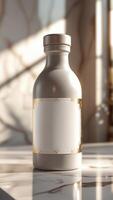 Elegant white bottle with gold accents, perfect for high-end beverages. A stylish addition to any refined setting. LuxuryPackaging photo