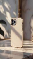 Golden-trimmed cell phone case shown in vertical orientation, on marble countertop, light and shadows behind, in a sleek studio setting. photo
