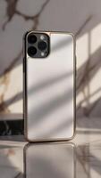 Elegant mobile phone with protective case, showcasing a sleek design and sturdy build, perfect for a sophisticated lifestyle. photo