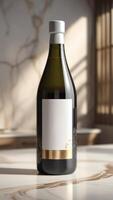 Elegant bottle with blank label on marble surface, bathed in soft light. Refined presentation for upscale beverages. photo