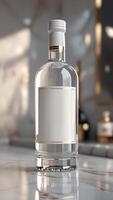 Elegant clear glass bottle with golden accents and a white label, resting on a marble surface, conveying sophistication and simplicity. photo