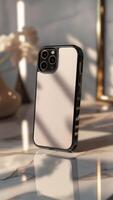 Elegant smartphone with a sleek, minimalistic aesthetic. Radiates sophistication and premium design on a marble surface with soft lighting. photo