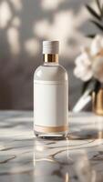 Elegant bottle with a blank label, resting on a marble surface with light filtering through floral arrangements. Classic, refined design. photo