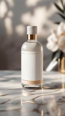 Elegant bottle with a blank label, resting on a marble surface with light filtering through floral arrangements. Classic, refined design.