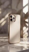 Sleek golden phone case showcasing a minimalist design and camera detail, reflecting luxury and advanced technology in a light-filled setting. photo