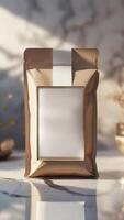 Elegant beige packaging on marble. Ideal for branding, showcasing a luxury product with its minimalist design and sophisticated material. photo