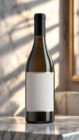 Elegant wine bottle with a blank label, standing on a marble surface with soft lighting and classic design elements. Refined aesthetic. photo