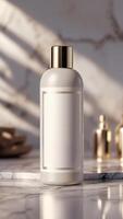 Elegant bottle featuring minimalist design with a golden cap and trim, set against a marble backdrop with soft, diffused light. photo