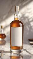 Elegant bottle of liquor on a marble surface, bathed in soft, natural light, evokes sophistication and quality craftsmanship. photo