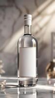 Elegant Bottle. Clear glass bottle with a blank white label. Perfect for showcasing a high-end product in a sleek and sophisticated manner. photo