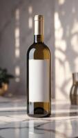Elegant wine bottle on a marble surface, reflecting luxury and refinement with its sleek design and blank label, ideal for customization. photo