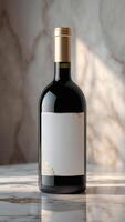 Elegant wine bottle with gold accents and blank label, perfect for personalization and special occasions. A sophisticated choice for connoisseurs. photo