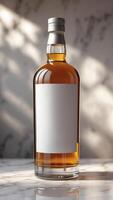 Elegant golden-hued liquor bottle with a blank label, perfect for upscale branding and showcasing premium spirits in sophisticated packaging. photo