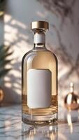 Elegant bottle of amber liquid with blank label and gold accents, set on a marble surface, illuminated by soft natural lighting. photo