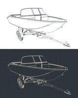 Motor boat trailer with boat on it blueprints vector