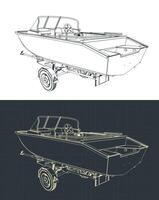 Motor boat trailer with boat on it blueprints illustrations vector