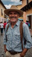 Smiling man in hat stands on cobblestone street. His expression and posture convey confidence, contentment, and cultural authenticity. photo