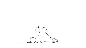 Animated self drawing of continuous line draw male football player defender make move to block and control the ball to avoiding opponents. Soccer match sport concept. Full length single line animation video
