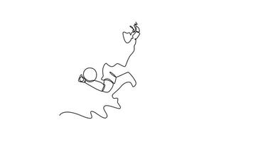 Self drawing animation of single line draw beauty female football player forward performing jumping to defending ball from opponent player who want to seize. Continuous line draw. Full length animated video