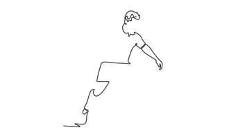 Animated self drawing of continuous line draw side view of male football defender controlling and dribbling ball to defence his goal area. Soccer match competition. Full length single line animation video