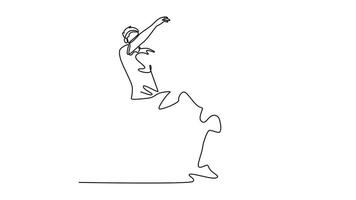 Self drawing animation of single line draw two young football player defender and striker duel for the ball at national stadium. Soccer league competition. Continuous line draw. Full length animated video