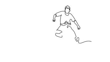 Self drawing animation single line draw young aggressive football player defender performing tackle to seizing ball from opponent player. Soccer competition. Continuous line draw. Full length animated video