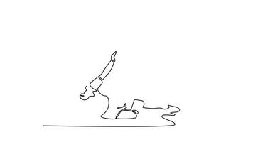 Self drawing animation of single line draw attractive football player midfielder performing jumping to defending ball from opponent player who want to seize. Continuous line draw. Full length animated video