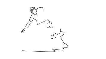 Self drawing animation of single line draw two competitive energetic football player fighting for the ball at the game play. Soccer league competition match. Continuous line draw. Full length animated video
