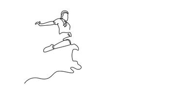 Animated self drawing of continuous line draw beauty aggressive female football player defender performing tackle to seizing ball from opponent. Soccer competition. Full length single line animation video