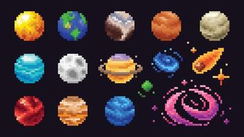 Colorful pixel art planets with meteor and galaxy on black background. 8bit set, trendy design vector