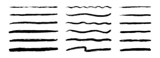 Straight and wavy paint line set. Thin to thick sketch brush stroke collection. Rough charcoal squiggle stripes for highlight, underline, emphasis. Hand drawn long and short crayon chalk strips vector