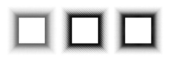 Black halftone square frame set. Dotted gradient border collection. Pop art comic dot picture holder design for banner template, emblem, poster, box, copy space. Rasterized framing element pack vector