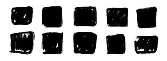 Dry paint square stain set. Black grunge ink frame box collection. Brush stroke rectangle element pack. Hand drawn charcoal blobs for poster design, banner, template, text box. Border bundle vector