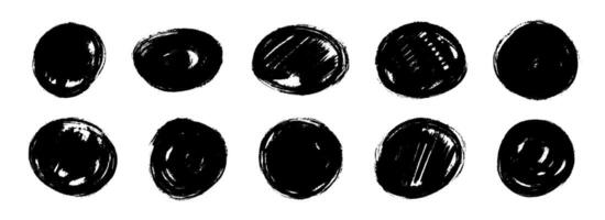 Dry paint round stain set. Black grunge ink circle collection. Brush stroke radial element pack. Hand drawn charcoal blobs for frame design, poster, banner, template, text box. circular spots vector