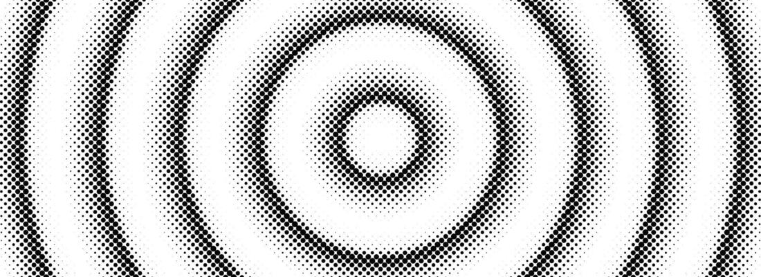 Halftone concentric circle background. Black and white dotted circular gradient. Radial comic texture. Grunge rough round pop art backdrop. Fading dots line epicenter wallpaper concept