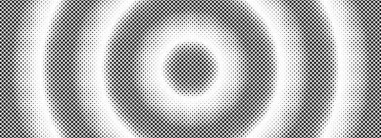 Halftone concentric circle background. Black and white dotted circular gradient. Radial fading comic texture. Grunge rough round pop art backdrop. Dots line epicenter wallpaper concept vector