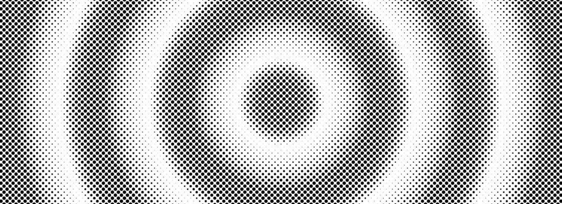 Halftone concentric circle background. Black and white dotted circular gradient. Radial fading comic texture. Grunge rough round pop art backdrop. Dots line epicenter wallpaper concept
