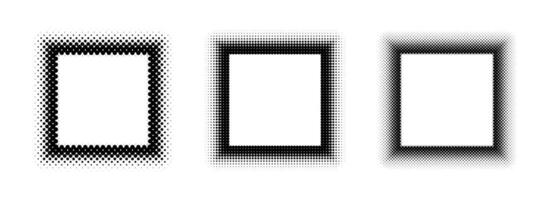 Black halftone square frame set. Dotted gradient border collection. Pop art comic dot picture holders for banner template, emblem, poster, box, copy space. Rasterized frame element pack vector