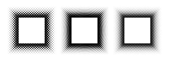 Black halftone square frame set. Dotted gradient border collection. Pop art comic dot picture holders for banner template, emblem, poster, box, copy space. Rasterized framing element pack vector
