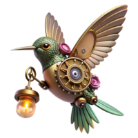 vibrant traditional A steampunk hummingbird with delicate, filigree wings made of gears and cogs, hovering near a clockwork flower, illuminated by a single spotlight high resolution png