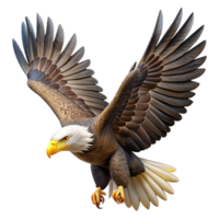 impressive artistic A majestic bald eagle soaring through the sky, powerful wings, sharp talons, realistic rendering, freedom theme, professional png