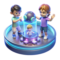 serene traditional A group of children playing with holographic toys in a futuristic playground. Bright, playful lighting. Cartoon style detailed png