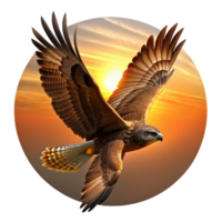 serene contemporary A powerful hawk soaring through the sky, silhouetted against the setting sun, in a dramatic and dynamic digital painting style premium png